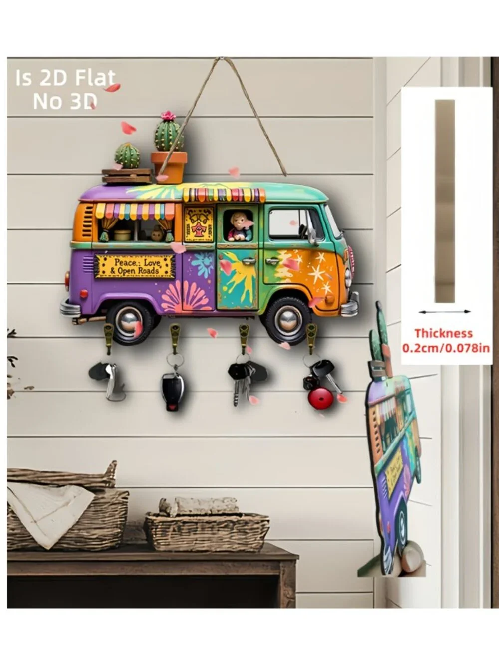 Colorful Bus Cactus Peace Love Wooden Key Holder 2D Flat Wall Hanging Organizer